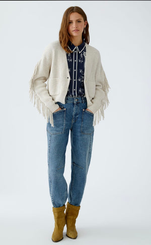 oui fringe sleeve knit cardigan in ecru