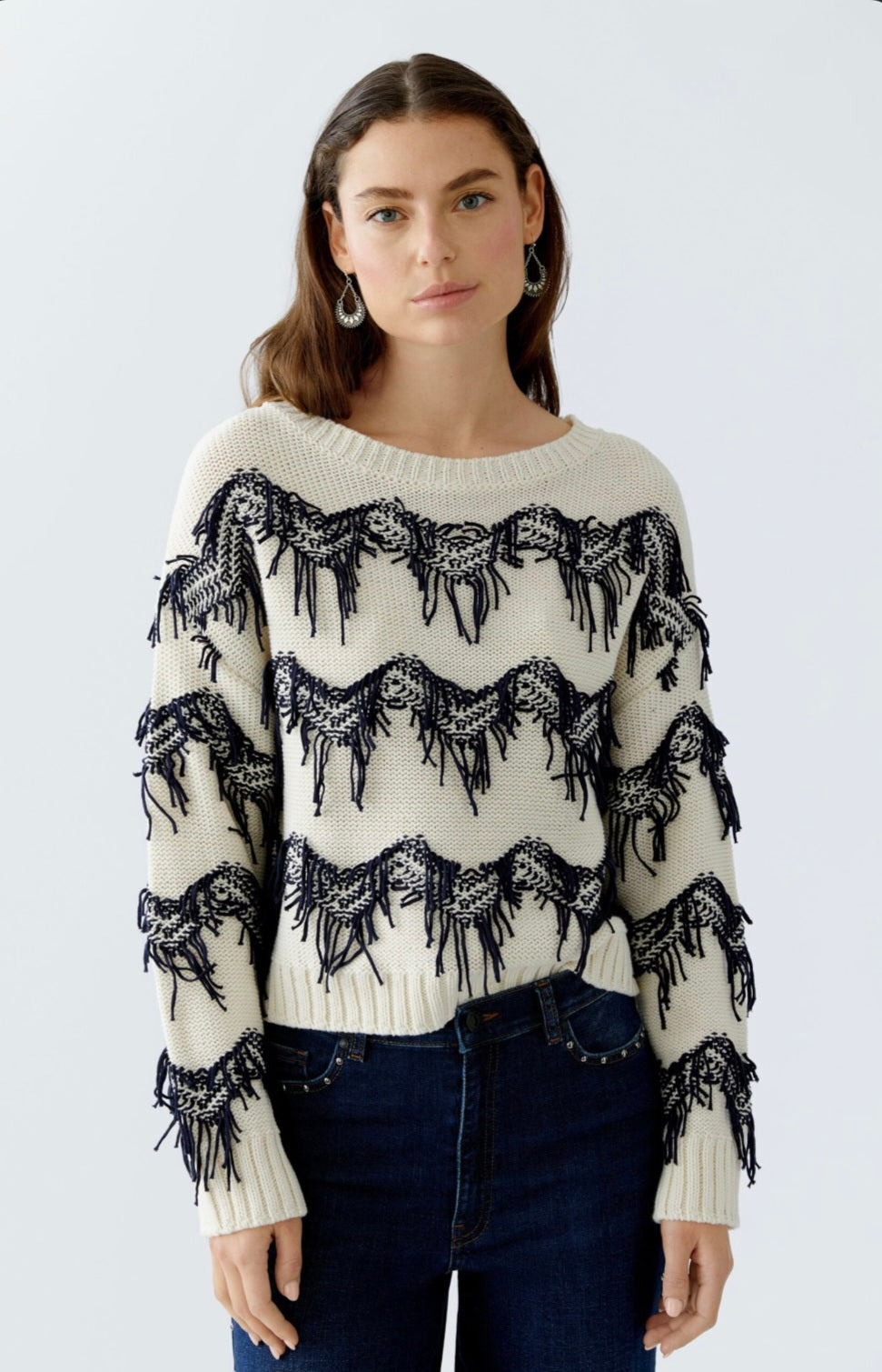 oui fringe style knit in cream & navy