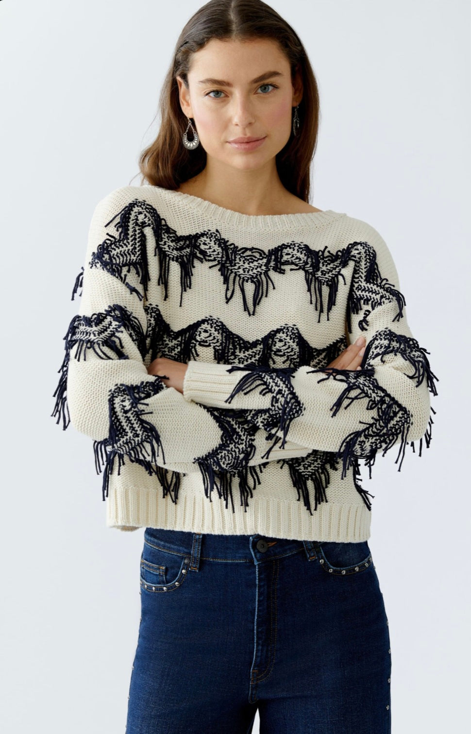 oui fringe style knit in cream & navy
