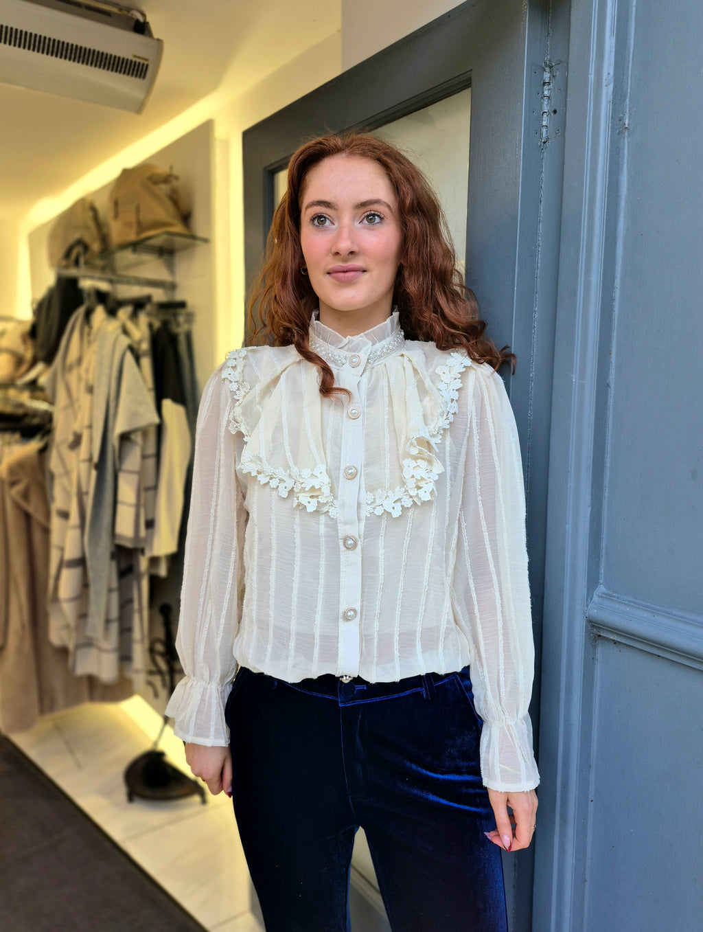 Pearl button blouse in beige