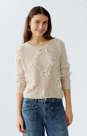 oui woven diamond pattern knit with fringes in beige