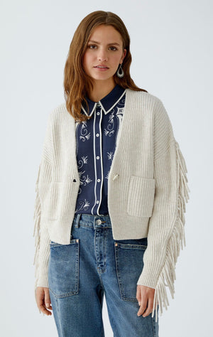 oui fringe sleeve knit cardigan in ecru