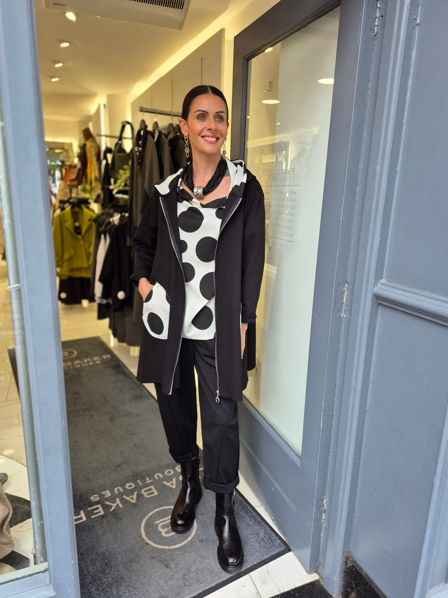 Hybrid spot print long hoodie in black & white