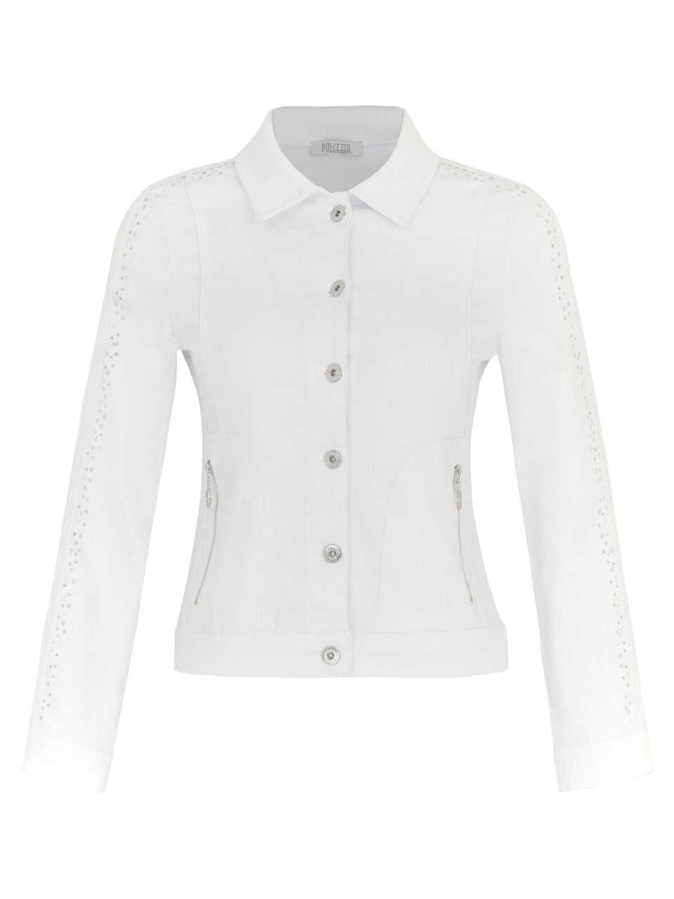 <p>Dolcezza white denim jacket with diamanté detail</p>
<p>Product code 24203</p>