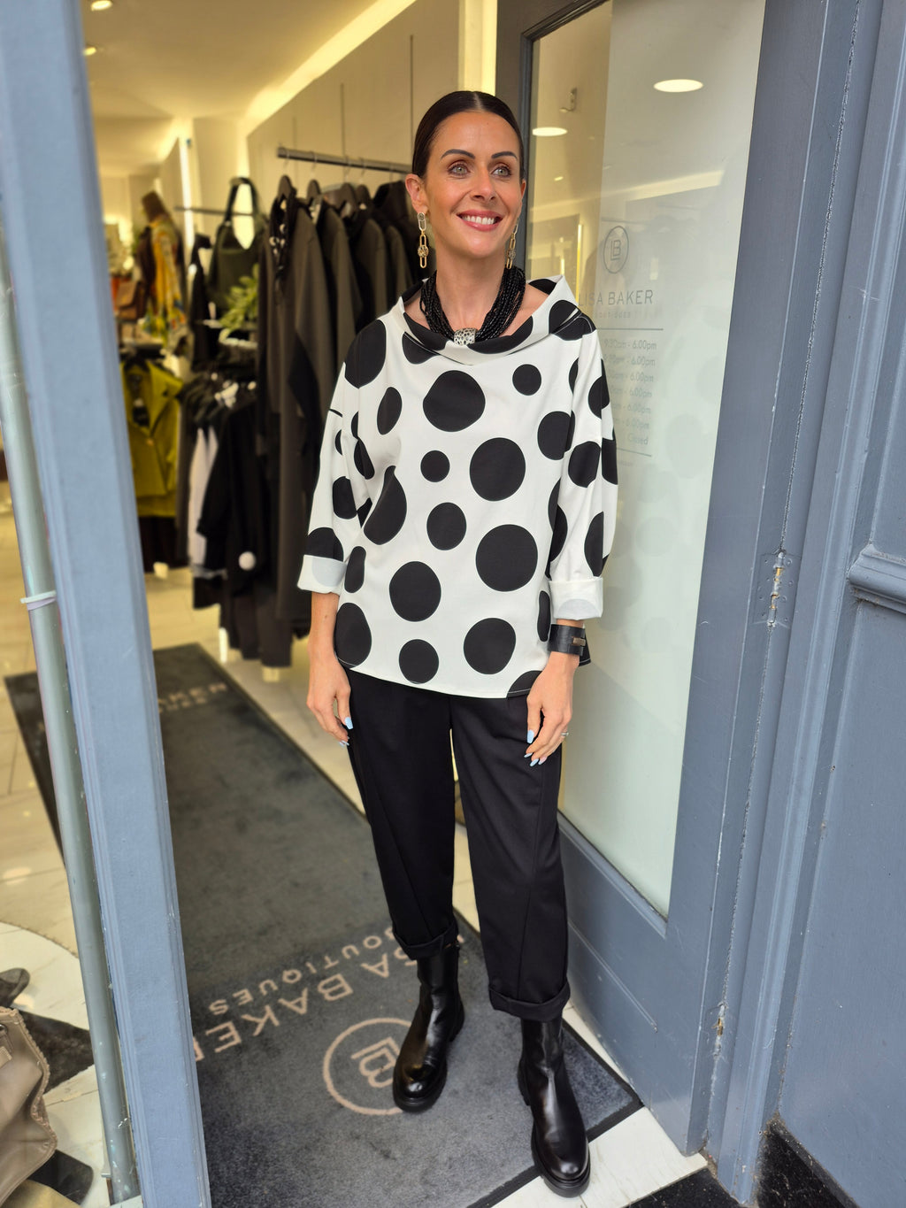 Hybrid spot print top in black & white