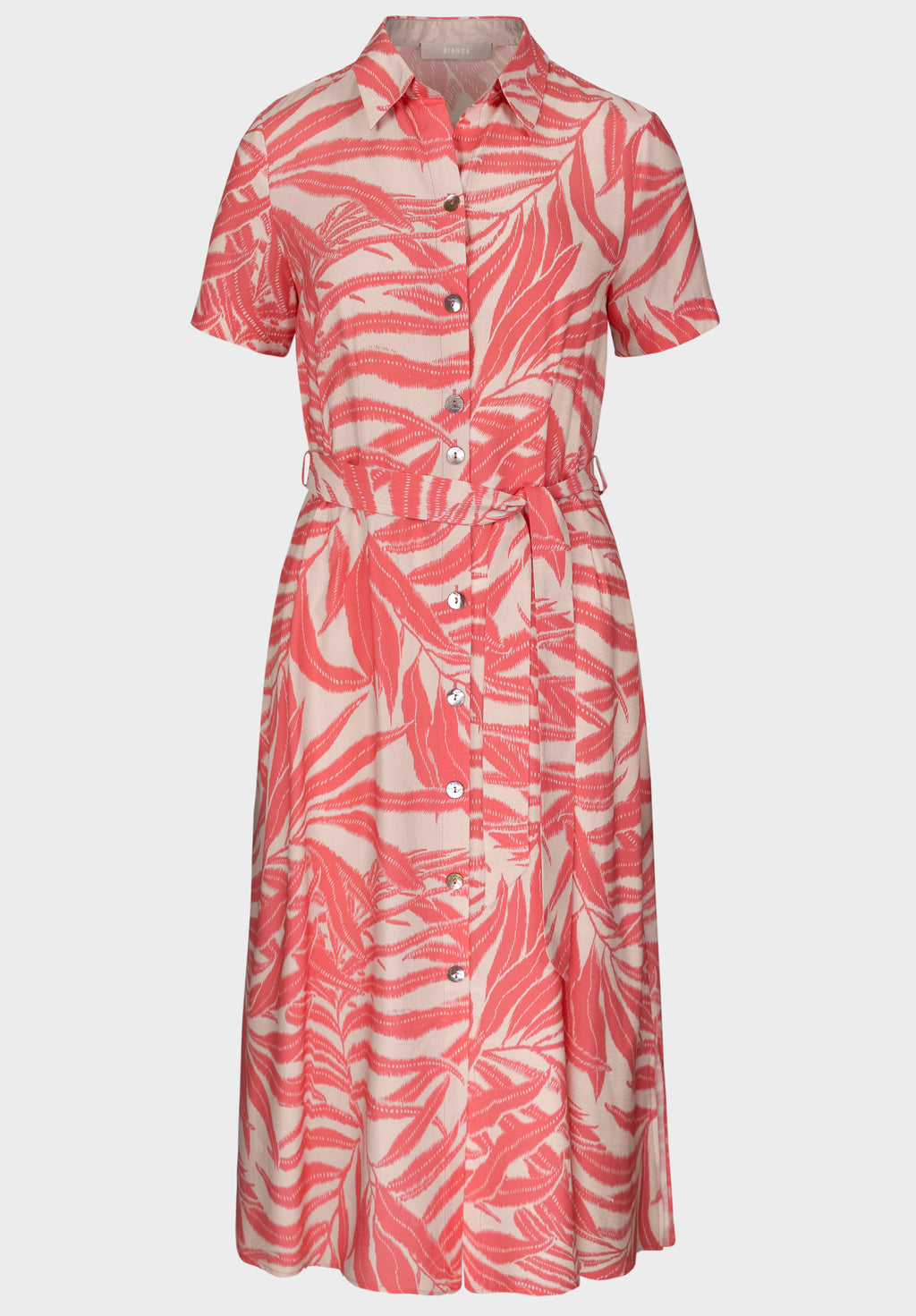 <p>Bianca Henrika palm leaf printed button up shirt dress in coral<br>Product code 37015</p>