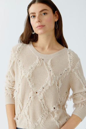 oui woven diamond pattern knit with fringes in beige