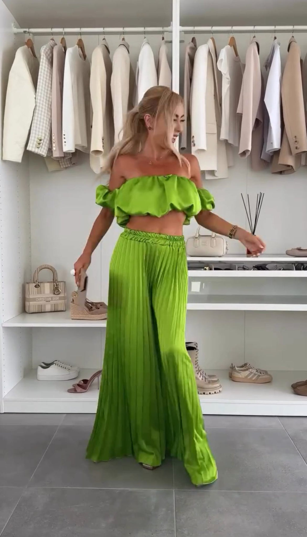 Samara ruffle top and trouser set in lime green