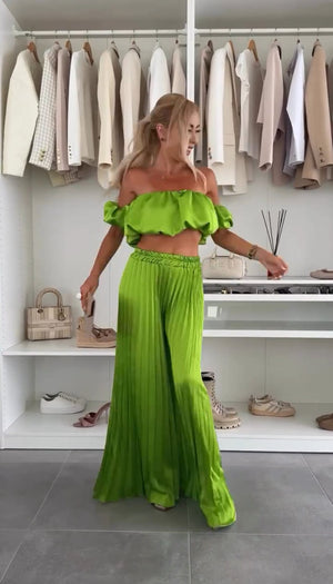 Samara ruffle top and trouser set in lime green