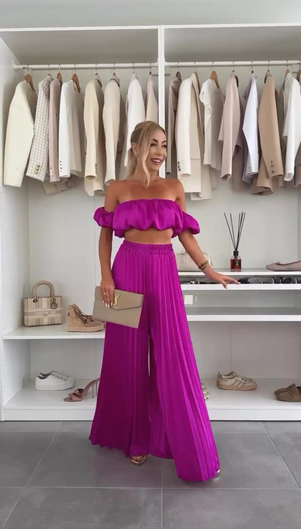 Samara ruffle top and trouser set in magenta