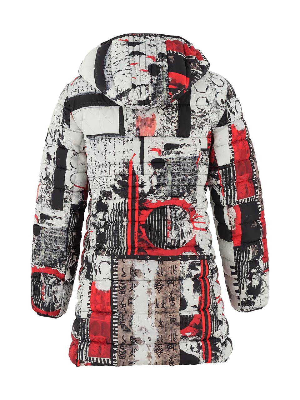 Dolcezza artist print 'bookworm' puffa jacket in black & red