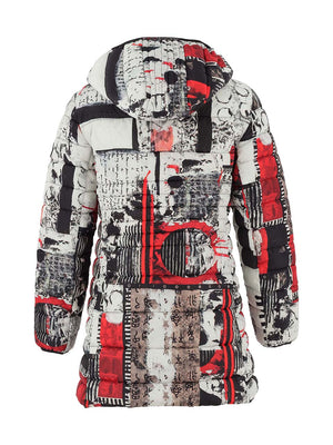 Dolcezza artist print 'bookworm' puffa jacket in black & red