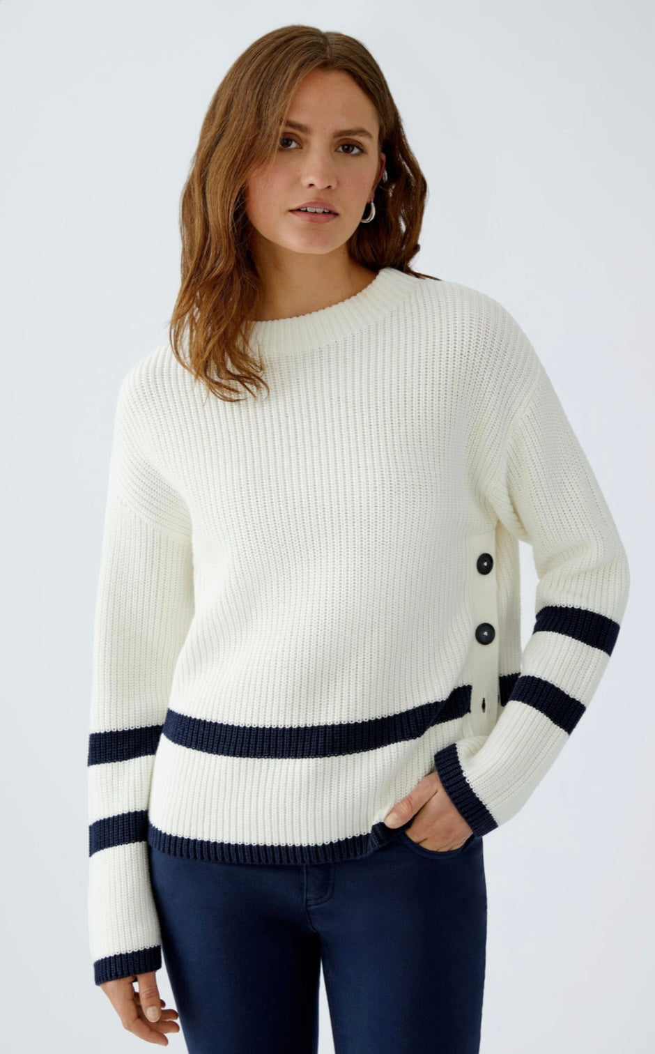 oui viniah stripe and button hem knit in cream & navy