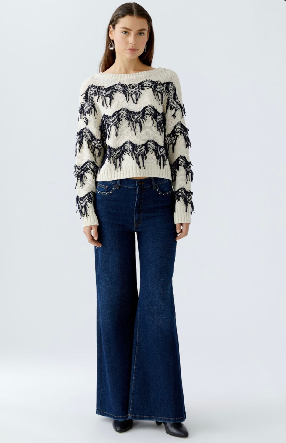 oui fringe style knit in cream & navy