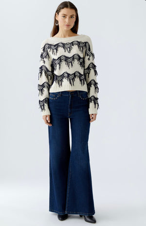 oui fringe style knit in cream & navy