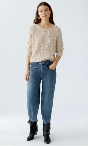 oui woven diamond pattern knit with fringes in beige