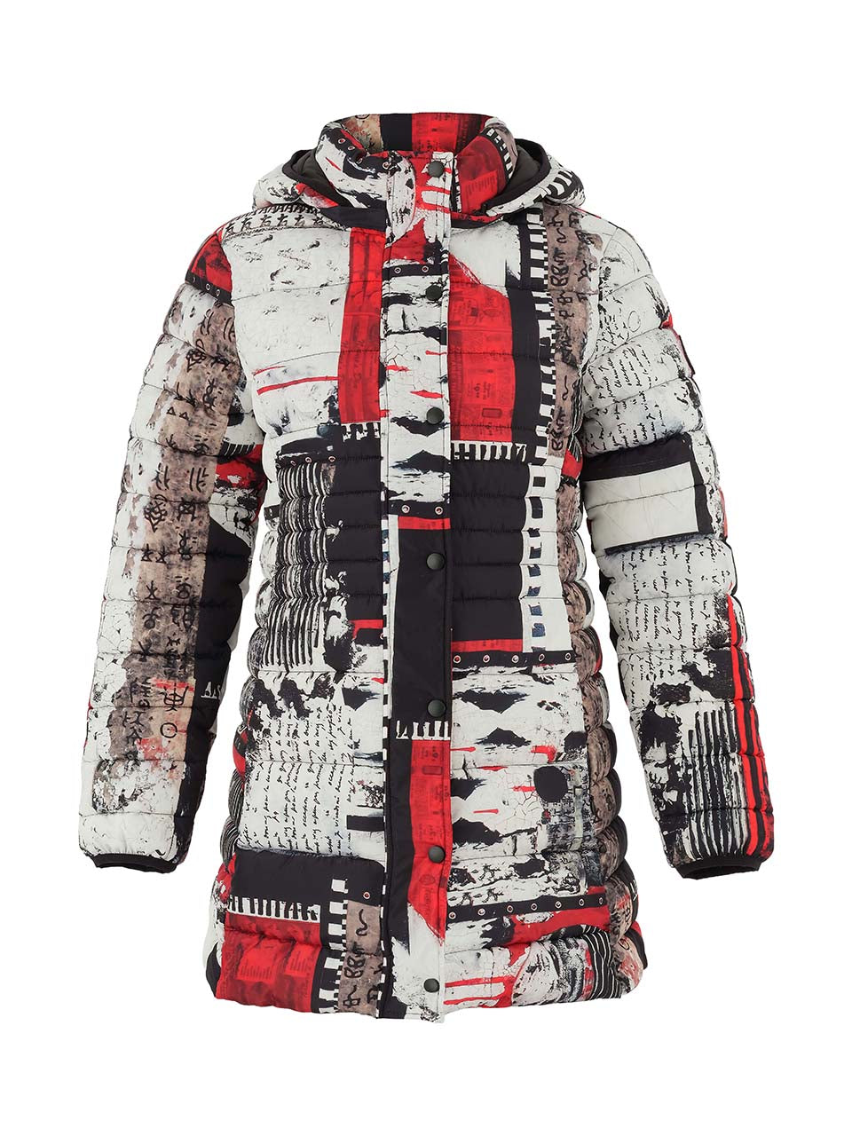 Dolcezza artist print 'bookworm' puffa jacket in black & red