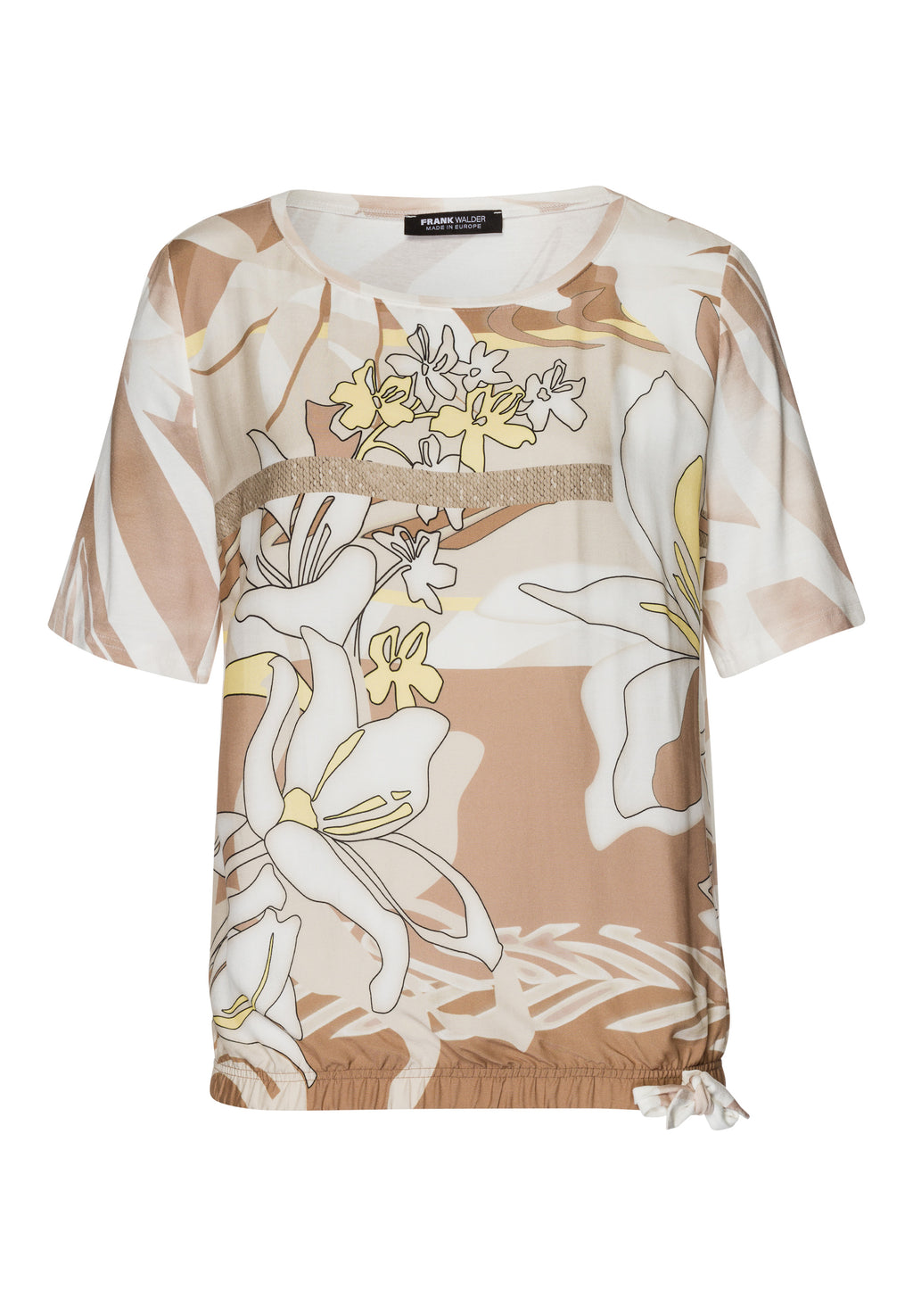 Frank walder Caffè de roma collection floral printed tshirt in tan, neutrals and yellow 
Product code 202.420