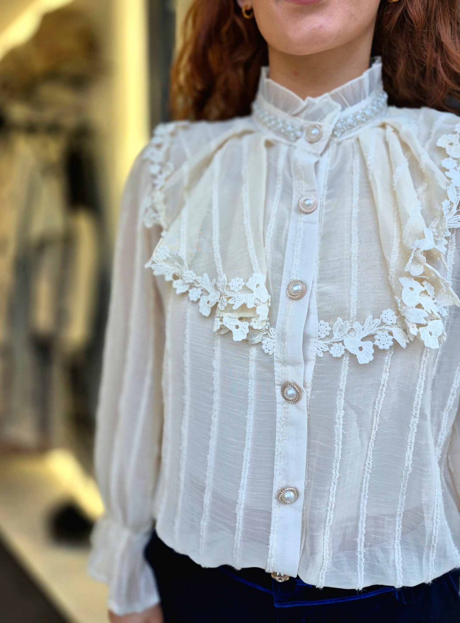 Pearl button blouse in beige