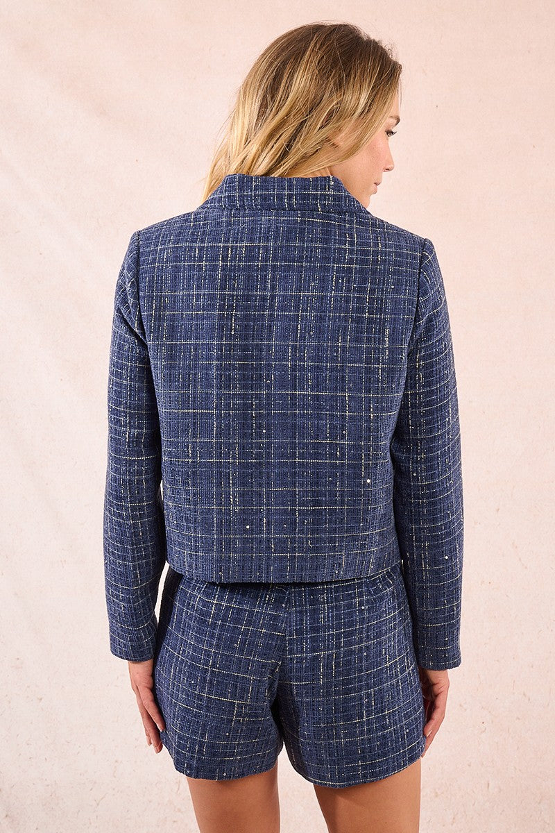 molly bracken short tweed jacket in denim blue