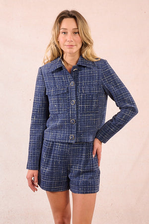 molly bracken short tweed jacket in denim blue