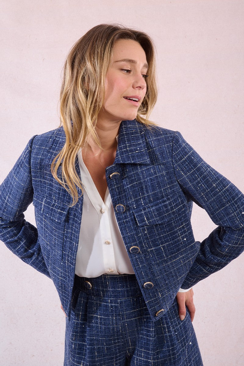 molly bracken short tweed jacket in denim blue