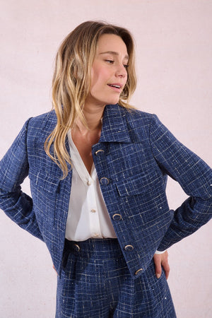 molly bracken short tweed jacket in denim blue
