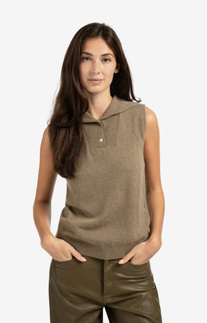 yaya sleeveless knit with collar and button placket in khaki green