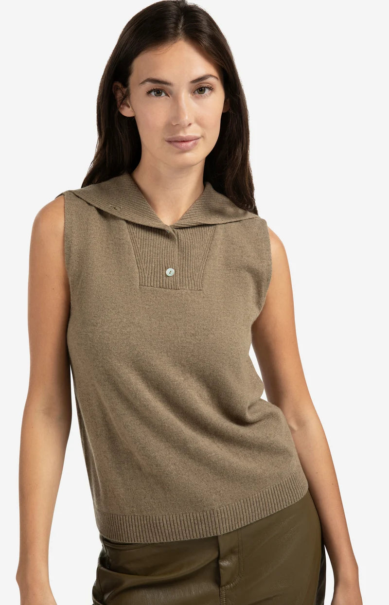 yaya sleeveless knit with collar and button placket in khaki green
