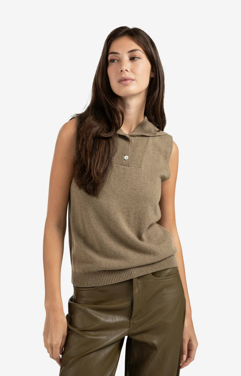 yaya sleeveless knit with collar and button placket in khaki green