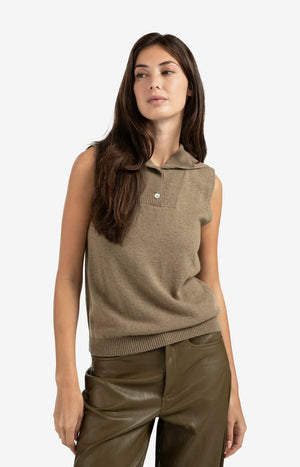 yaya sleeveless knit with collar and button placket in khaki green