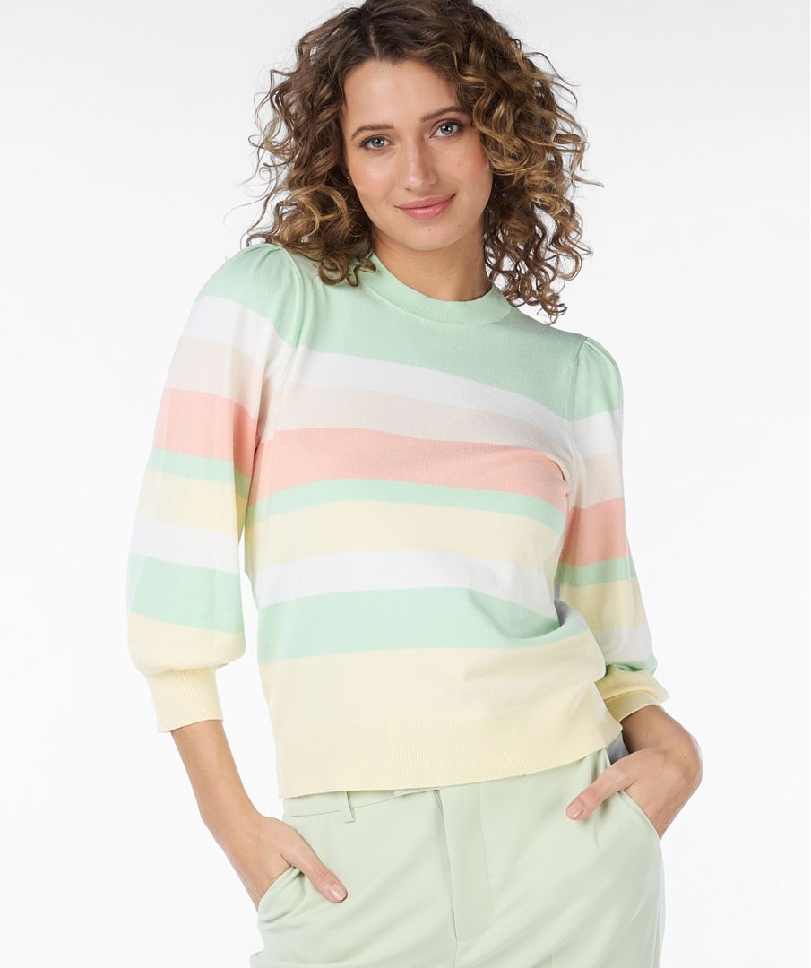 Esqualo horizontal stripe light knit with playful sleeves in pistachio product code SP24.07024