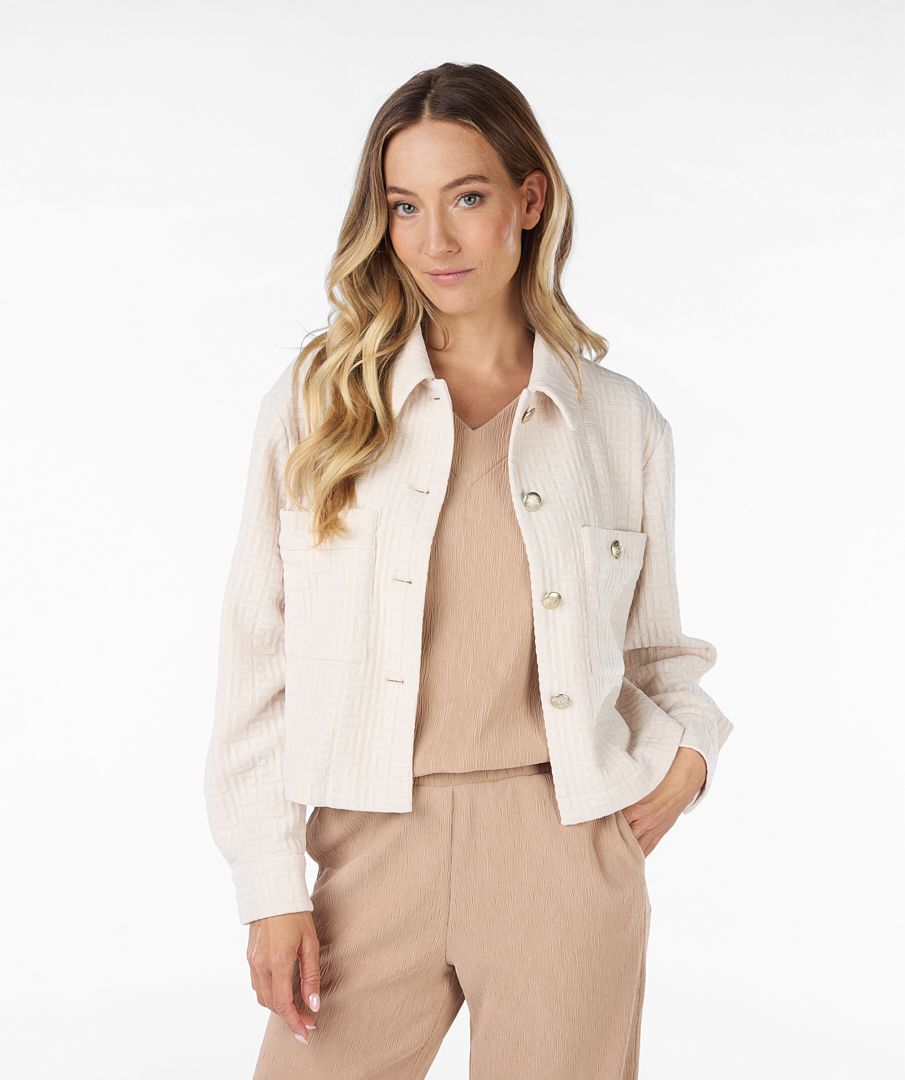 Esqualo graphic textured crop jacket with button details in biscuit product code SP24.19009