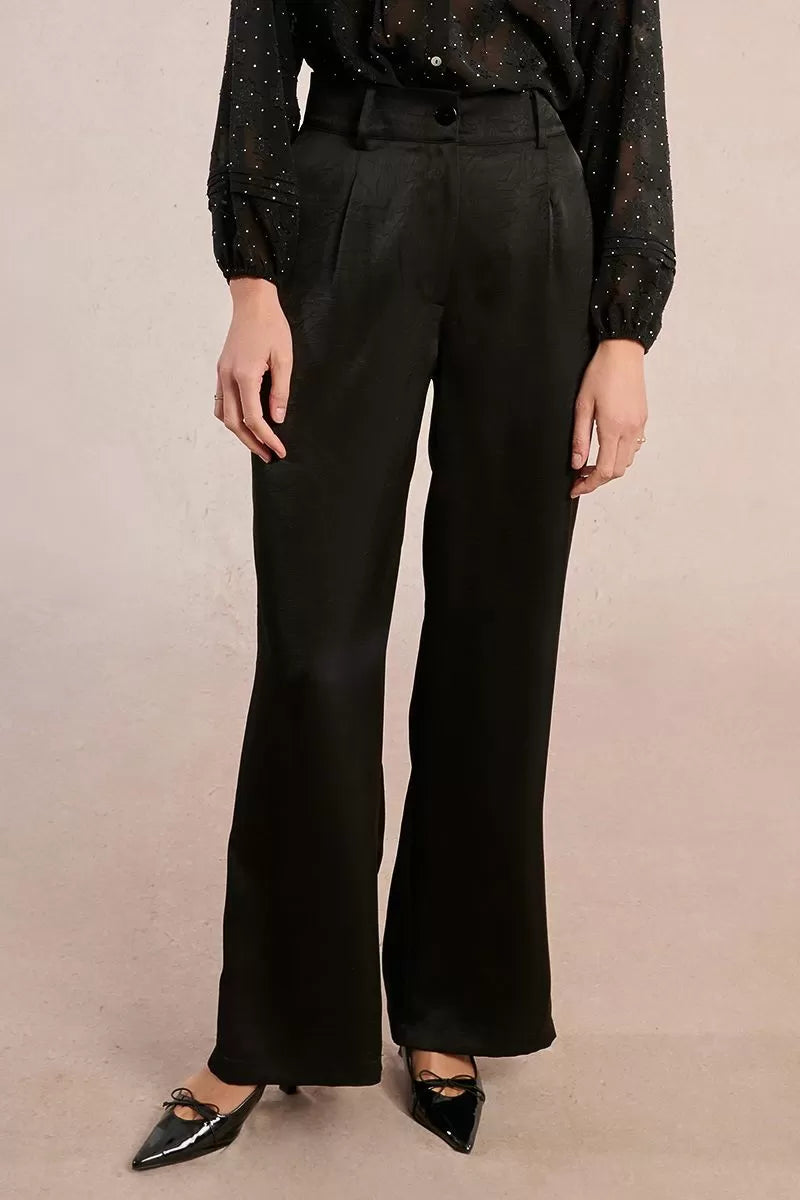 molly bracken wide leg satin trousers in black