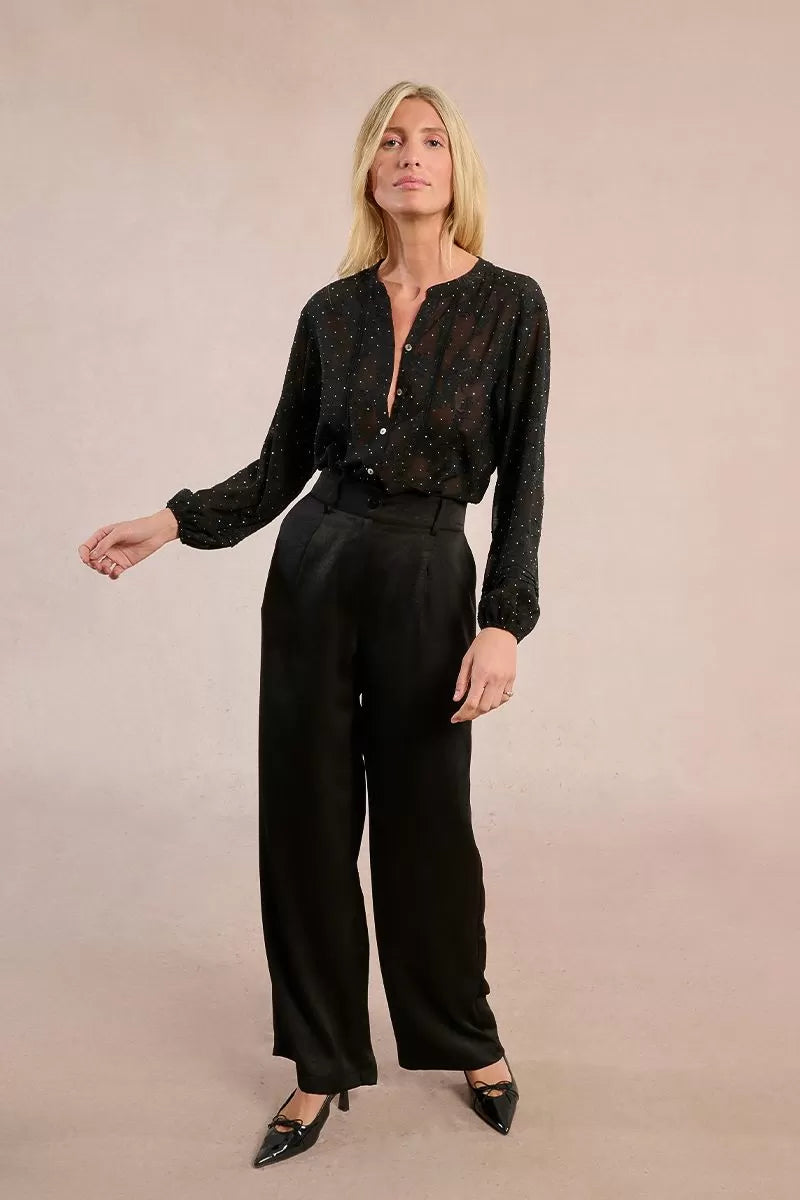 molly bracken wide leg satin trousers in black