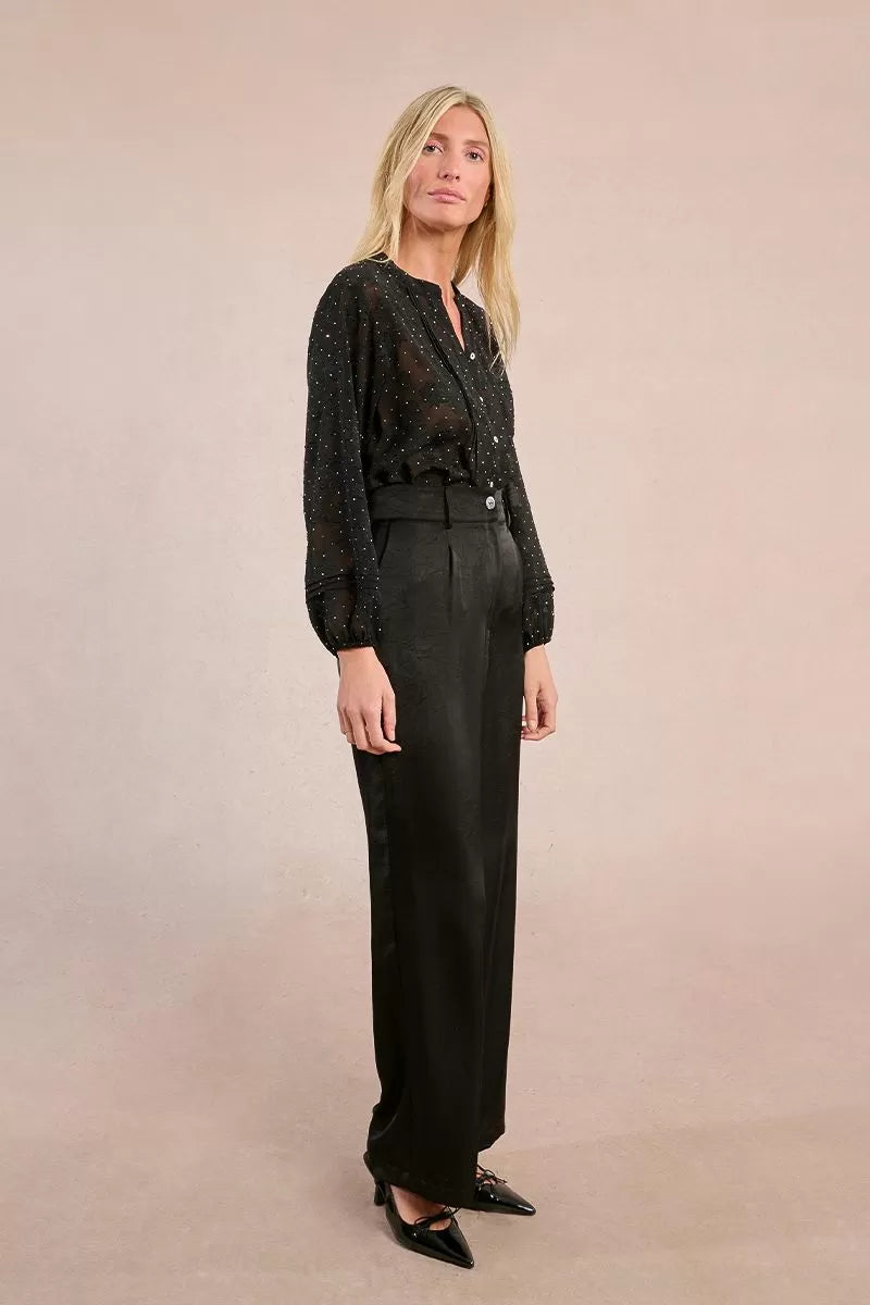 molly bracken wide leg satin trousers in black
