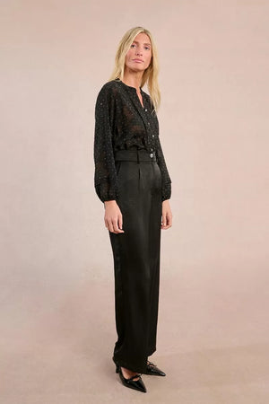 molly bracken wide leg satin trousers in black